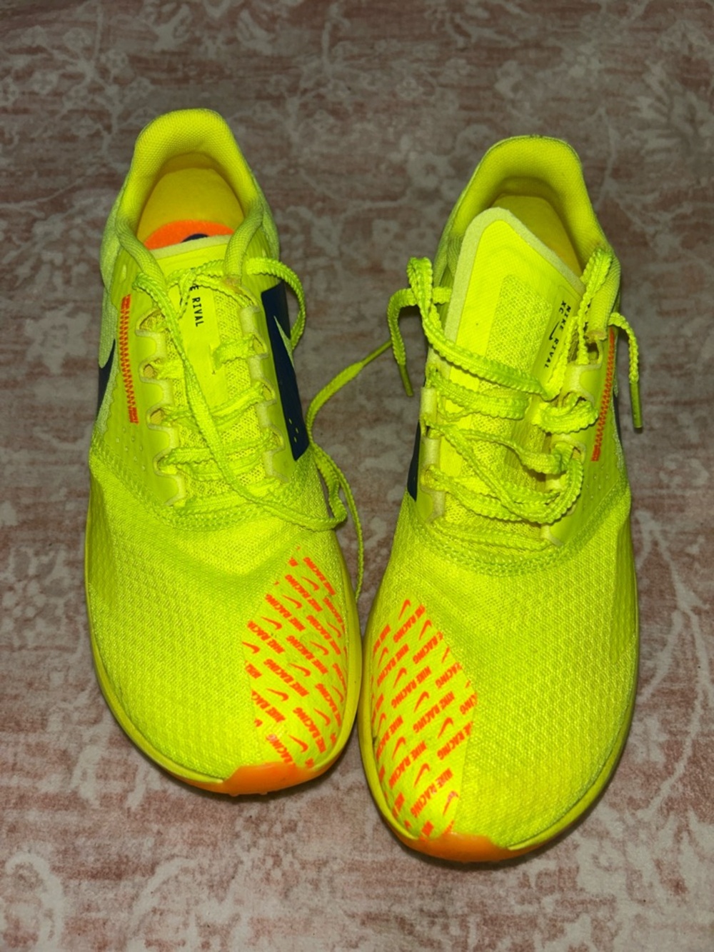 Nike Women's Neon Yellow Cross Country Sneakers with Spikes with Orange Accents